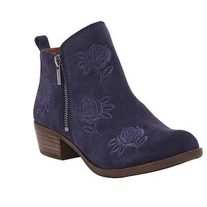 Lucky Brand Womens Navy Suede Embroidered Ankle Booties Size 6 Boho Western Chic